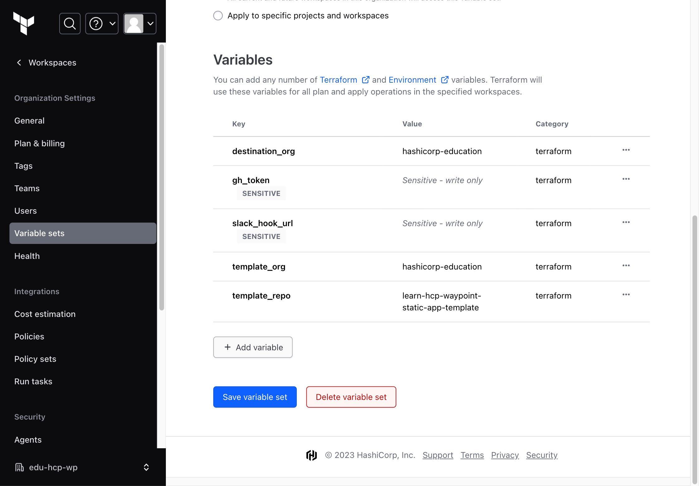 HCP Terraform UI showing the static app variable set